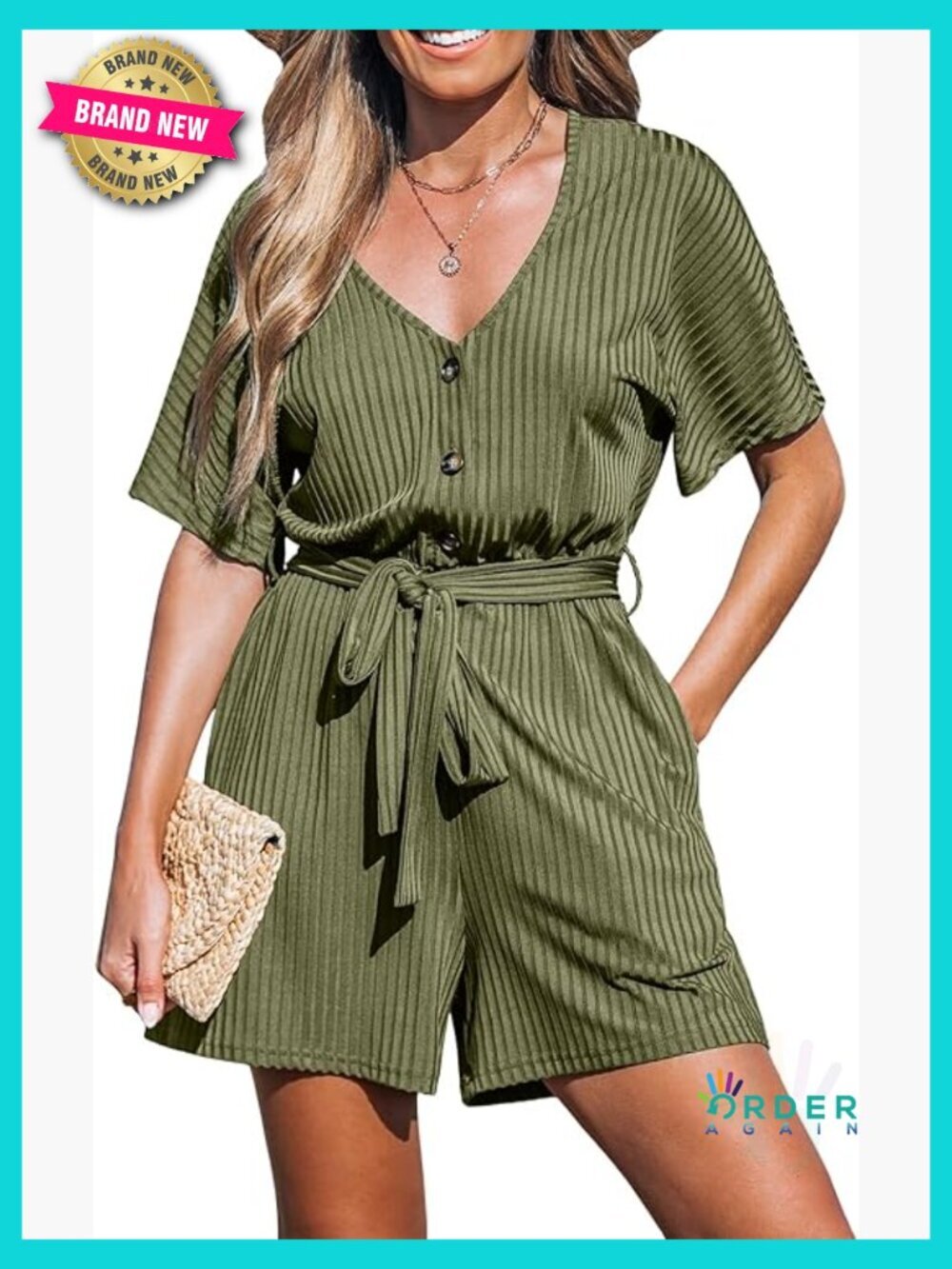Ribbed V-Neck Romper Short Sleeve Casual Dressy Jumpsuit with Waist Tie